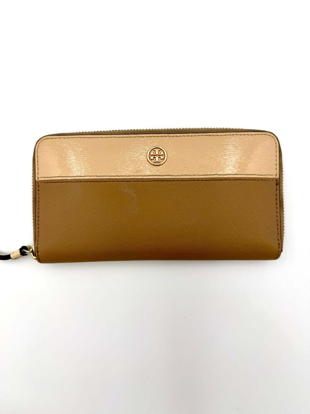 Tory Burch Zip Around Continental Wallet Tan Saffiano Leather Colorblock